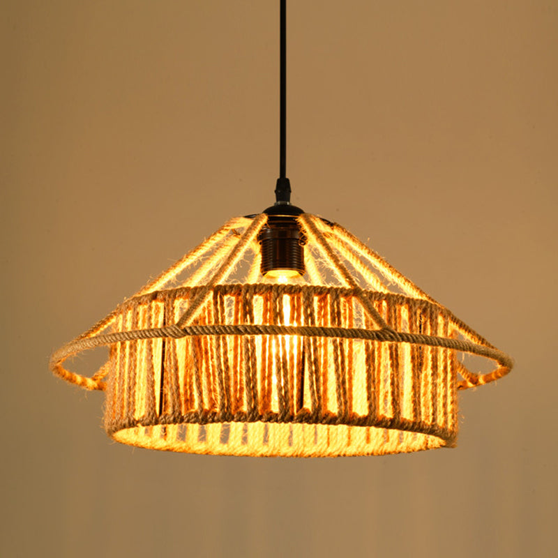 Industrial Dining Pendant Light with Beige Geometry Rope Shade