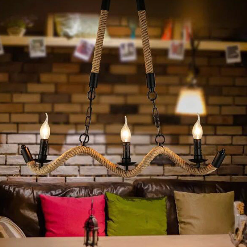 Black Candle Design Pendant Lighting Fixture - Rope Twisting Island Light 3 Bulbs Restaurant-Worthy