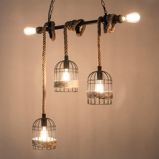 Black Birdcage Island Pendant Light With Jute Rope Cord - 5 Bulbs Factory Metal Design