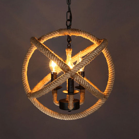 3-Headed Globe Chandelier with Hemp Rope and Beige Pendant Lighting