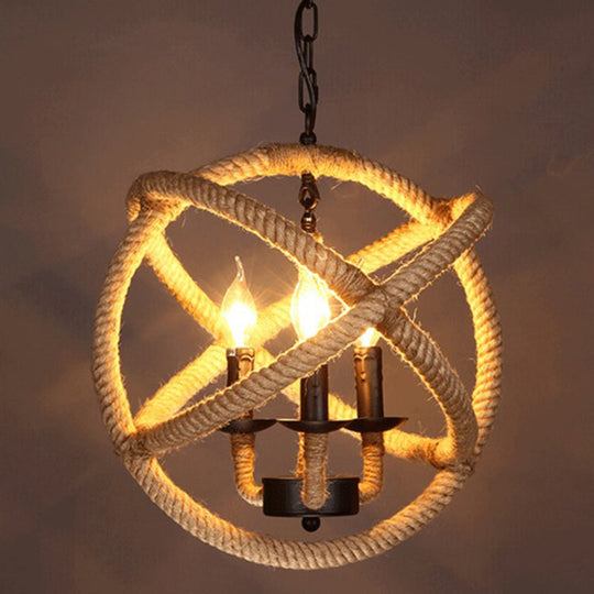 3-Headed Globe Chandelier with Hemp Rope and Beige Pendant Lighting