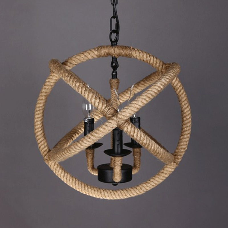 Beige Factory Globe Chandelier Lamp - 3 Heads Pendant Lighting Fixture With Hemp Rope