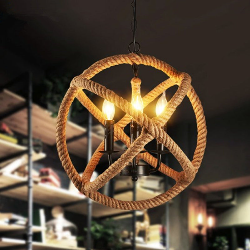 3-Headed Globe Chandelier with Hemp Rope and Beige Pendant Lighting