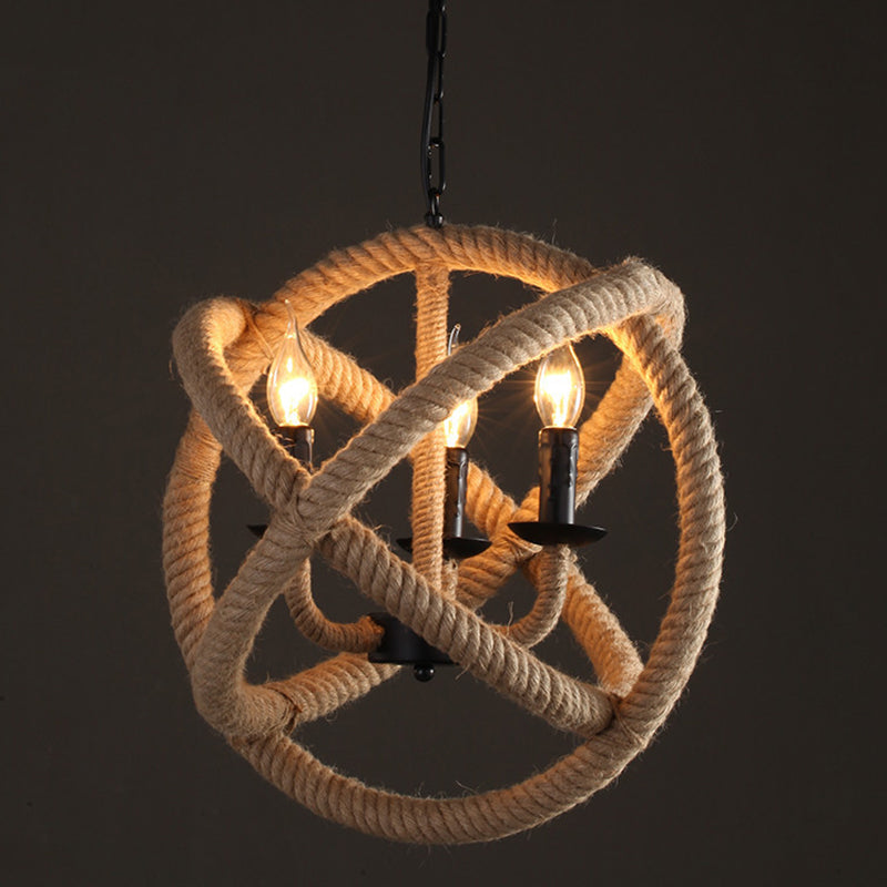 Factory Beige Natural Rope Globe Cage Chandelier Light with 3 Bulbs – Elegant Candle Design Hanging Lamp Kit