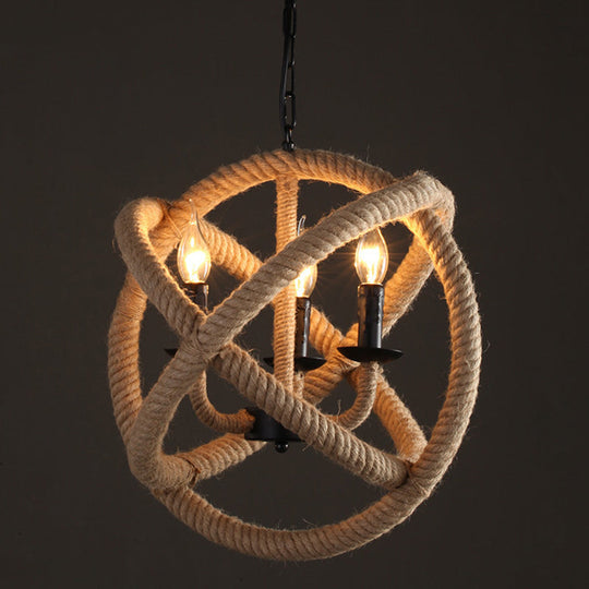 Factory Beige Natural Rope Globe Cage Chandelier Light with 3 Bulbs – Elegant Candle Design Hanging Lamp Kit