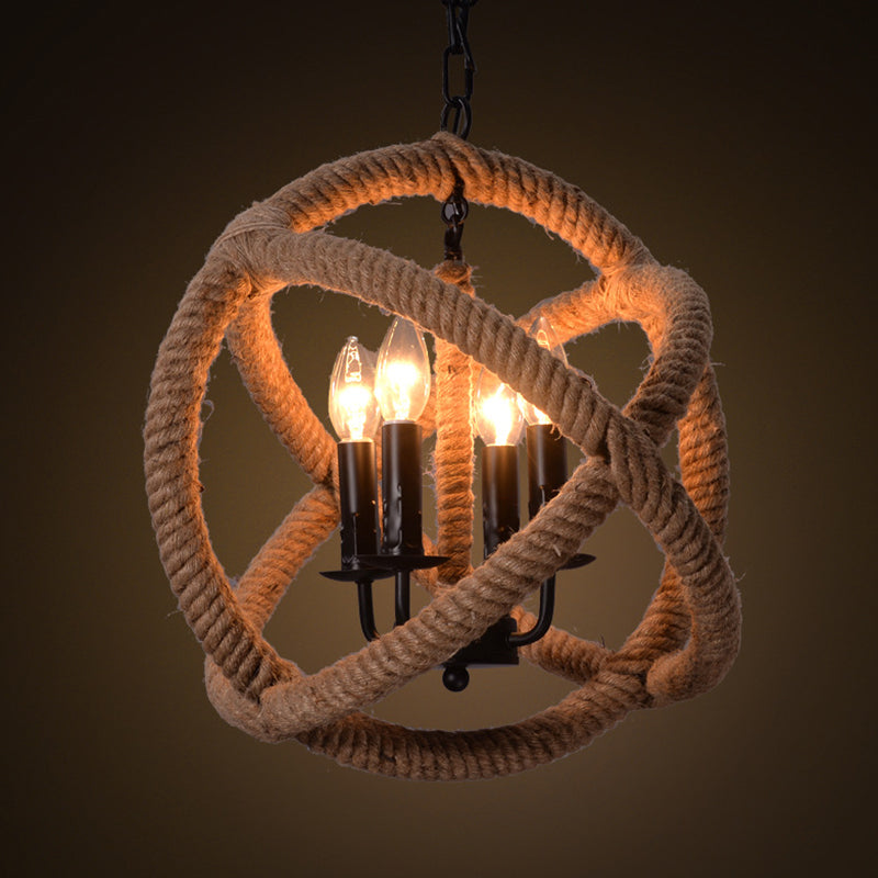 Hemp Rope Farmhouse Ceiling Chandelier With 4-Light Suspension Beige / 14