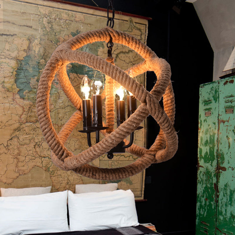 Hemp Rope 4-Light Chandelier in Beige for Farmhouse and Bedroom Suspension