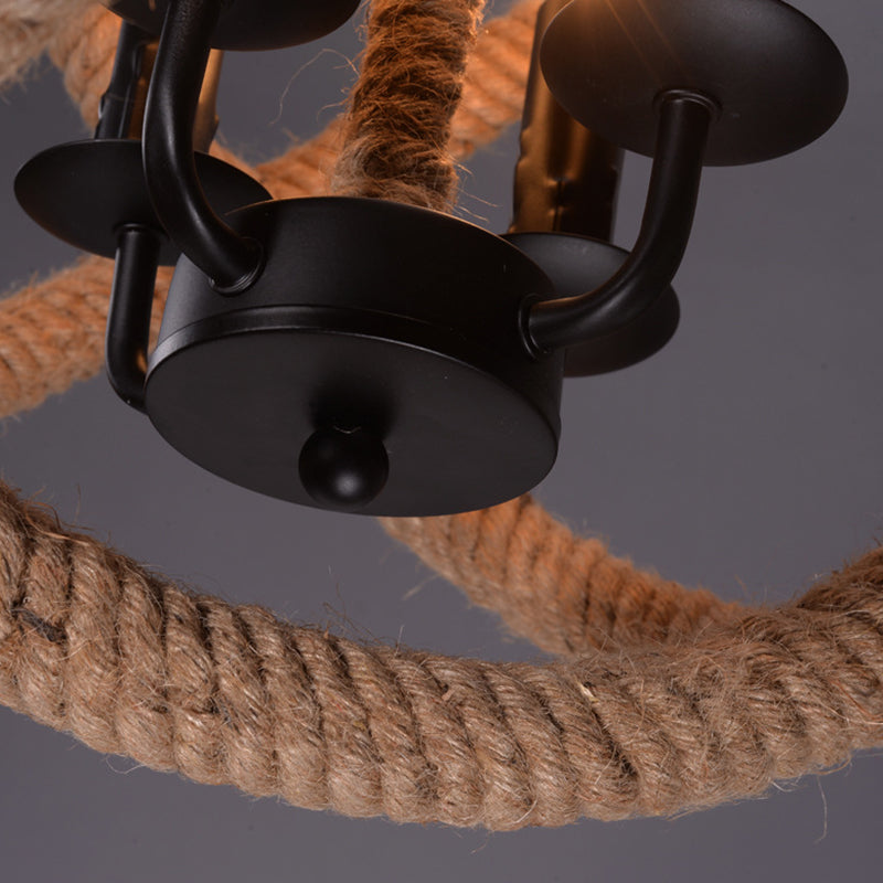 Hemp Rope 4-Light Chandelier in Beige for Farmhouse and Bedroom Suspension