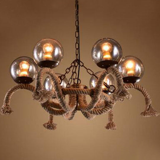 6-Head Hanging Chandelier: Farmhouse Dining Room Pendant Lamp With Smokey Glass Shade & Beige Rope