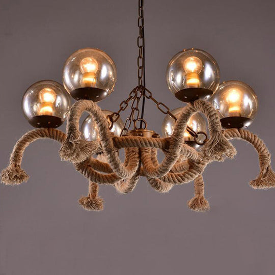 6-Head Hanging Chandelier: Farmhouse Dining Room Pendant Lamp With Smokey Glass Shade & Beige Rope