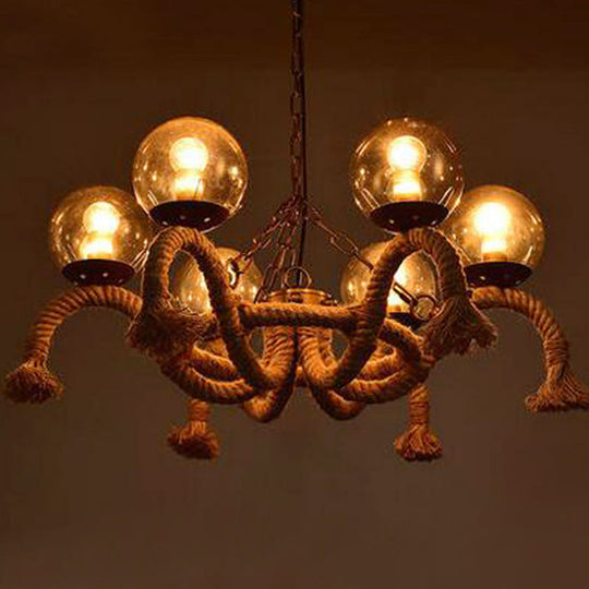 6-Head Hanging Chandelier: Farmhouse Dining Room Pendant Lamp With Smokey Glass Shade & Beige Rope