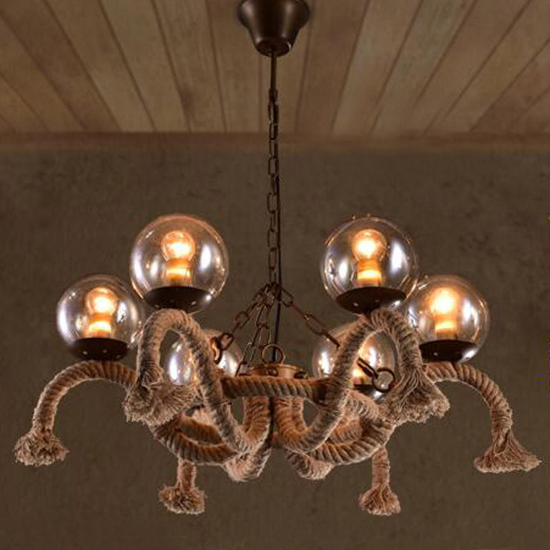 6-Head Hanging Chandelier: Farmhouse Dining Room Pendant Lamp With Smokey Glass Shade & Beige Rope