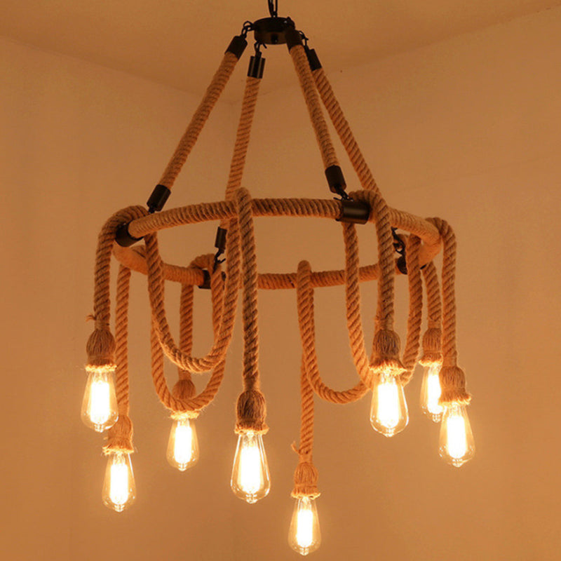 Hemp Rope Chandelier Pendant Light Kit - Antique Restaurant Style In Beige 8 /