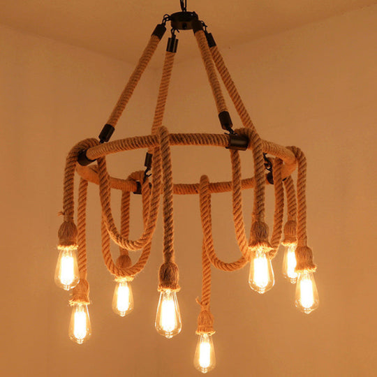 Hemp Rope Chandelier Pendant Light Kit - Antique Restaurant Style In Beige 8 /