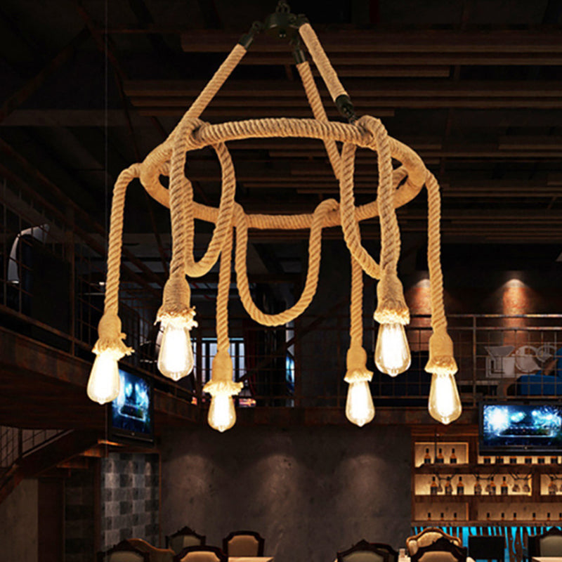 Hemp Rope Chandelier Pendant Light Kit - Antique Restaurant Style In Beige