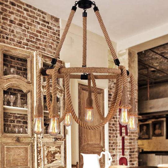 Hemp Rope Chandelier Pendant Light Kit - Antique Restaurant Style In Beige 6 /