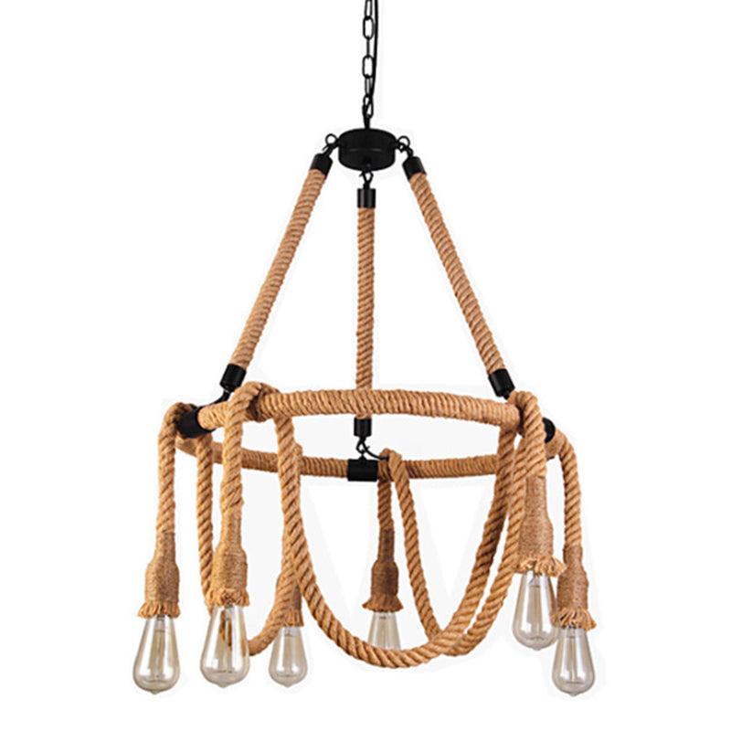 Hemp Rope Chandelier Pendant Light Kit in Antiqued Beige for Restaurants with Exposed Bulb