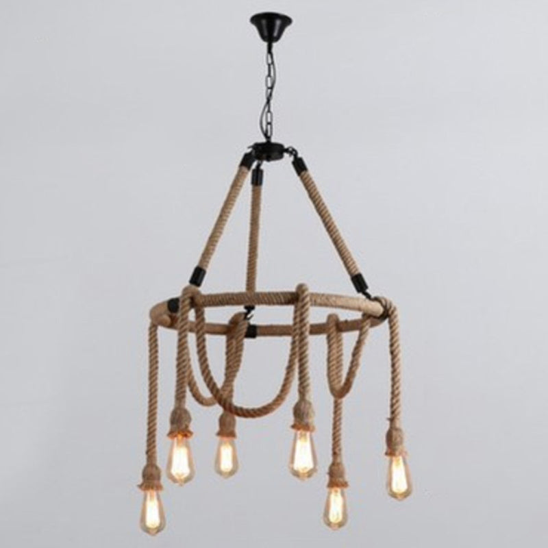 Hemp Rope Chandelier Pendant Light Kit in Antiqued Beige for Restaurants with Exposed Bulb