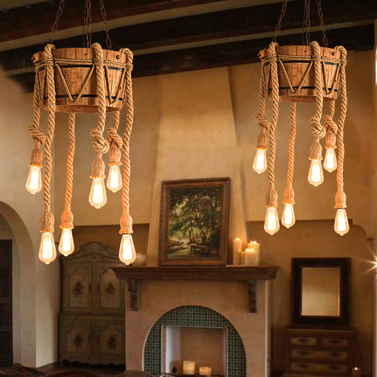 Wooden Beige Chandelier with Rope Cord for Restaurant Décor