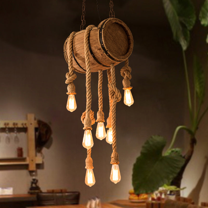 Wooden Beige Chandelier with Rope Cord for Restaurant Décor