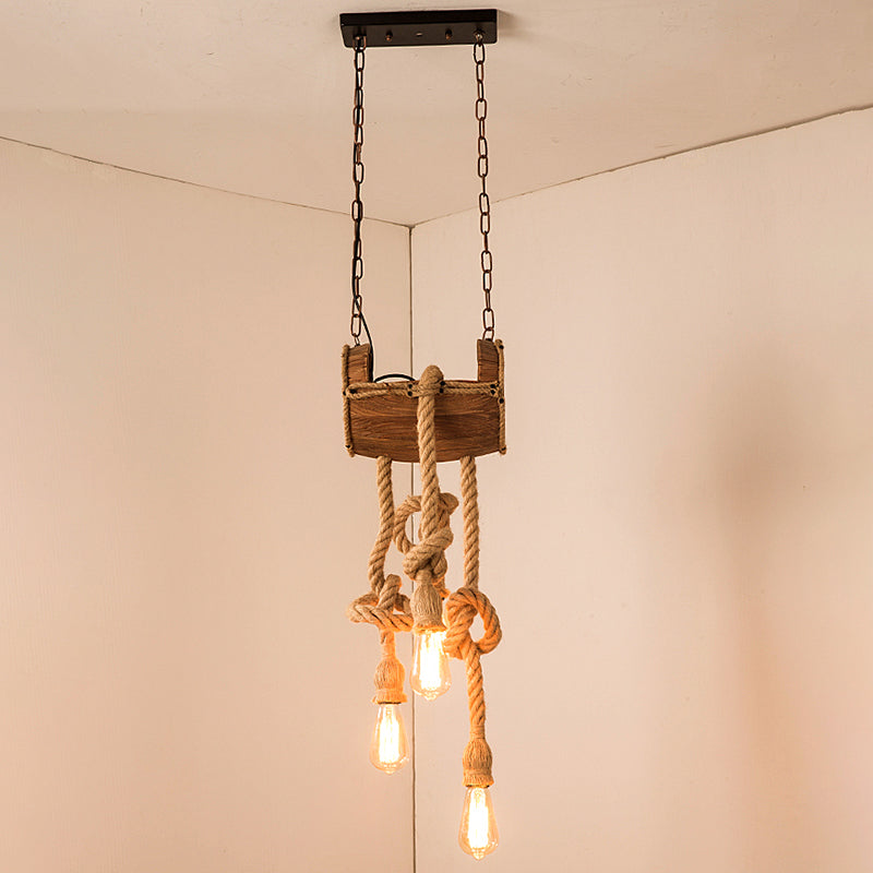 Wood Beige Chandelier Light Fixture: Bucket Restaurant Pendant With Rope Cord 3 /