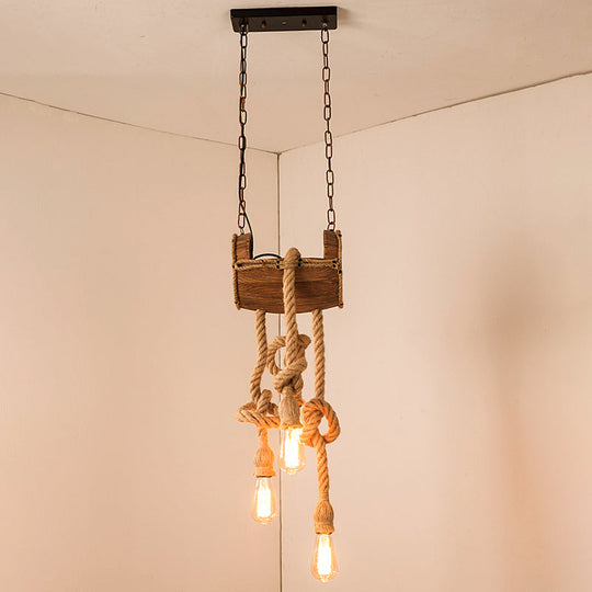 Wood Beige Chandelier Light Fixture: Bucket Restaurant Pendant With Rope Cord 3 /