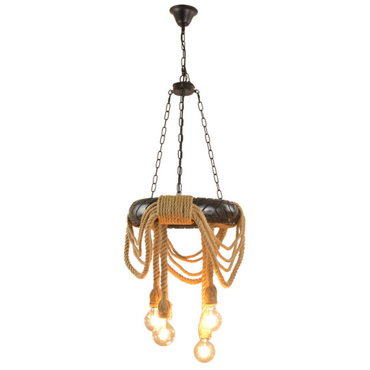 Farmhouse Beige 4-Head Chandelier with Rubber Tyre Pendant and Rope Cord