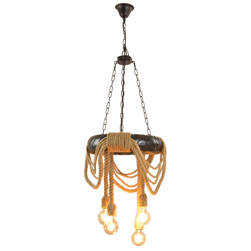 Farmhouse Chandelier With 4 Beige Rubber Tyre Heads Open Bulb And Rope Cord Design