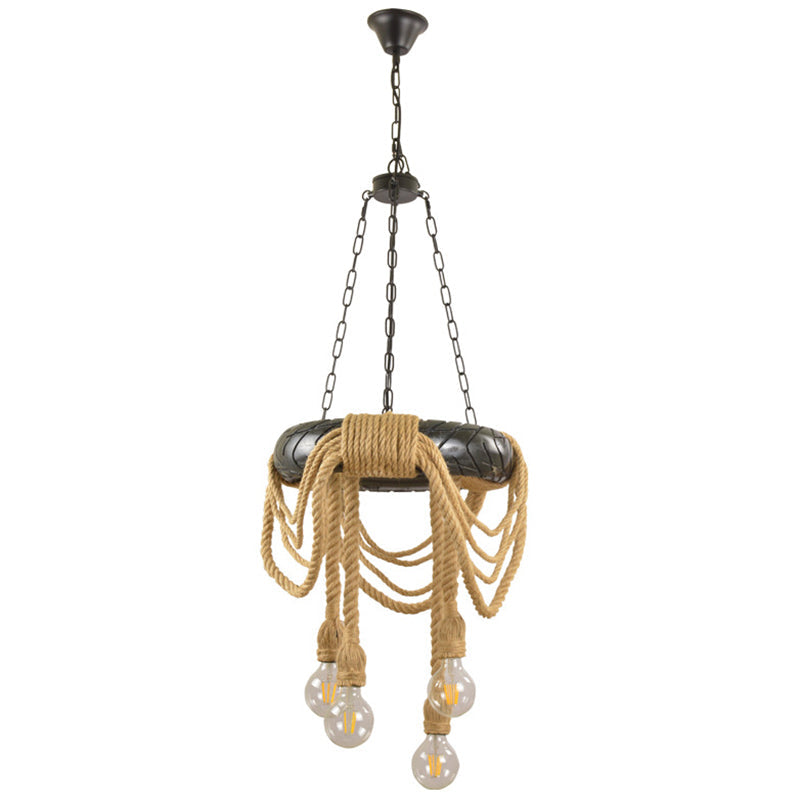 Farmhouse Beige 4-Head Chandelier with Rubber Tyre Pendant and Rope Cord