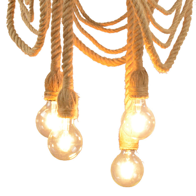 Farmhouse Chandelier With 4 Beige Rubber Tyre Heads Open Bulb And Rope Cord Design