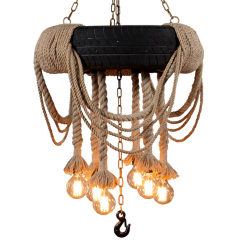 5-Light Black Tyre Chandelier with Warehouse Rope Suspended Pendant for Restaurant