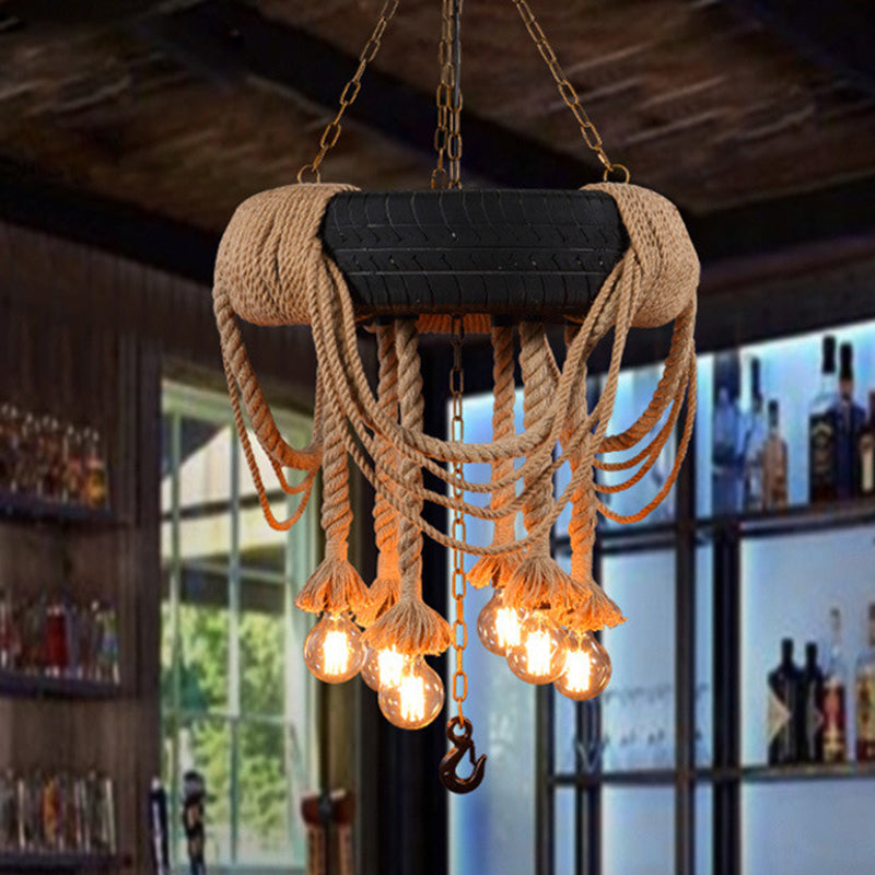 5-Light Black Tyre Chandelier with Warehouse Rope Suspended Pendant for Restaurant