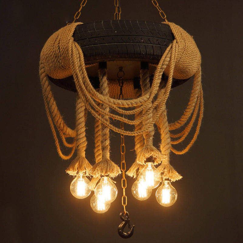 5-Light Black Tyre Chandelier with Warehouse Rope Suspended Pendant for Restaurant