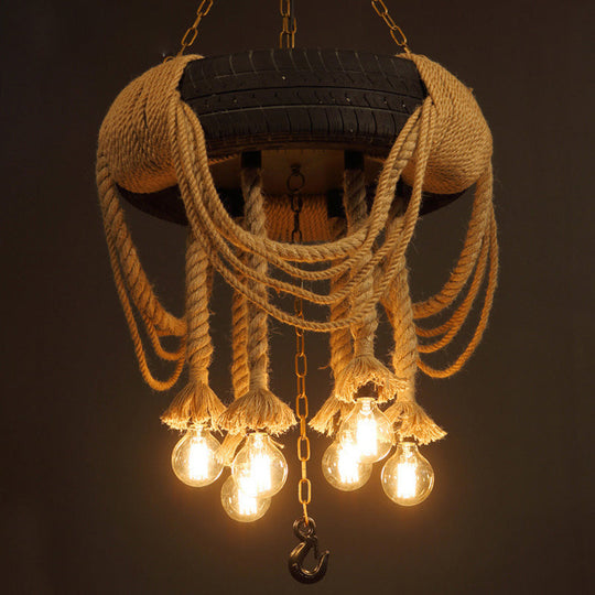 5-Light Black Tyre Chandelier with Warehouse Rope Suspended Pendant for Restaurant