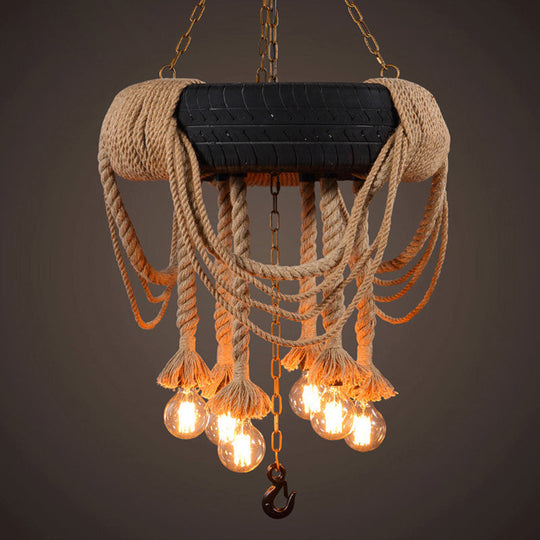 5-Light Black Tyre Chandelier with Warehouse Rope Suspended Pendant for Restaurant