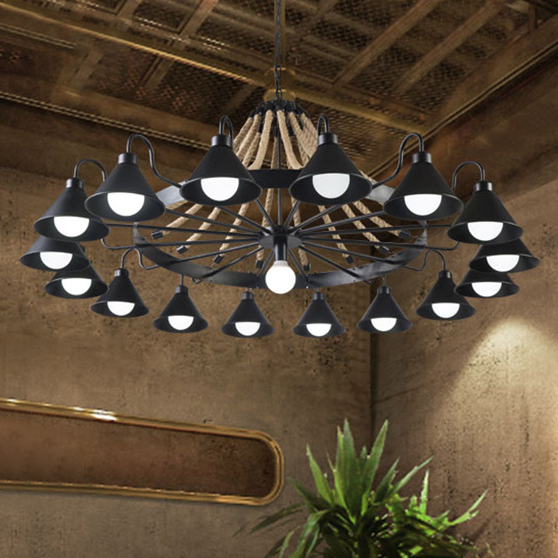 Industrial Metal Black Chandelier with Cone & Rope Design and Wagon Wheel Suspension