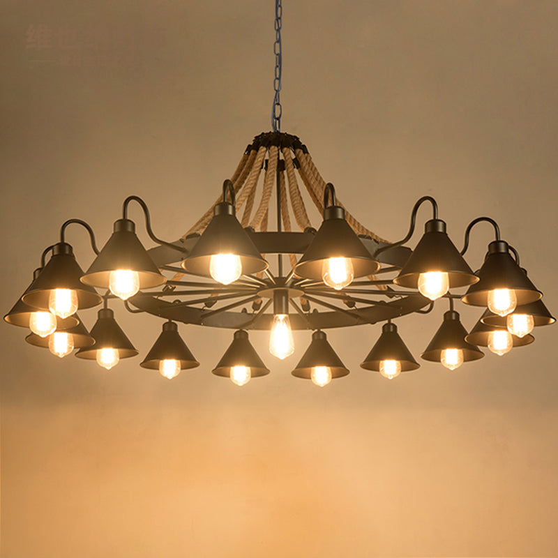 Industrial Metal Black Chandelier with Cone & Rope Design and Wagon Wheel Suspension