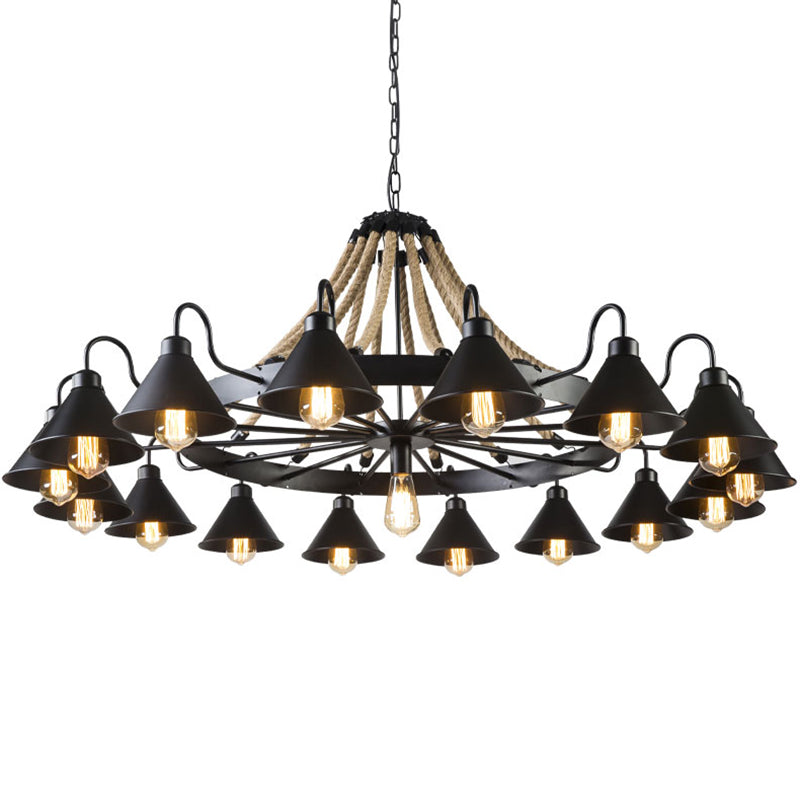 Industrial Metal Black Chandelier with Cone & Rope Design and Wagon Wheel Suspension