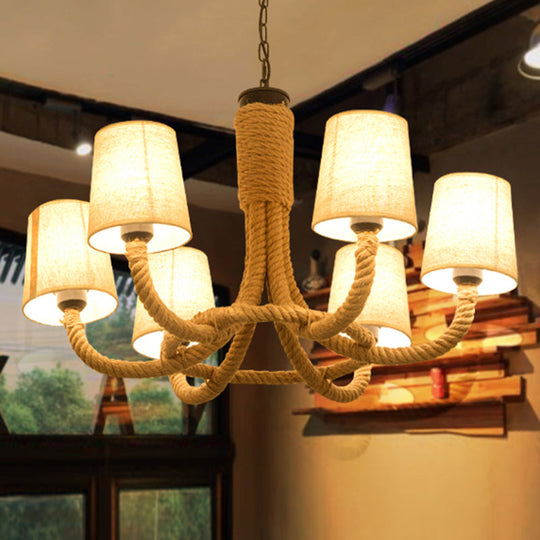 Rustic Conical Fabric Chandelier: 6-Light Dining Room Ceiling Lamp In Beige With Hanging Rope / A