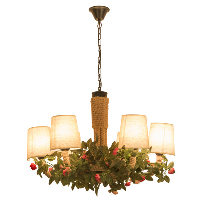 Rustic Conical Fabric Chandelier: 6-Light Dining Room Ceiling Lamp In Beige With Hanging Rope