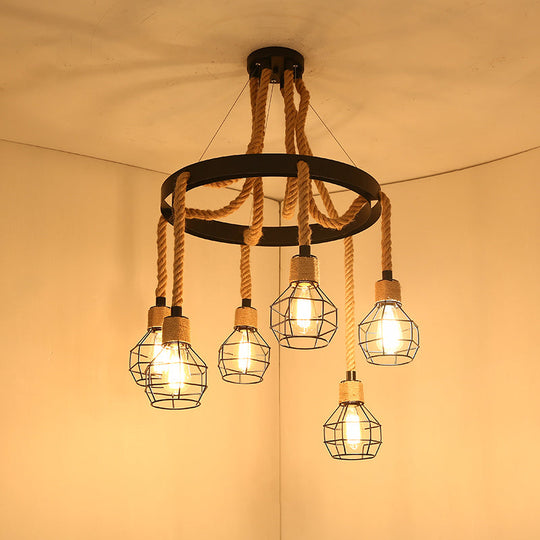 Factory Dining Room Chandelier: Wagon Wheel Metal Pendant Light Kit with Jute Rope in Black