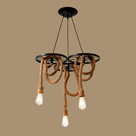 Black Metal Wheel Hanging Light With Open Bulb Design For Dining Room Chandelier 3 /