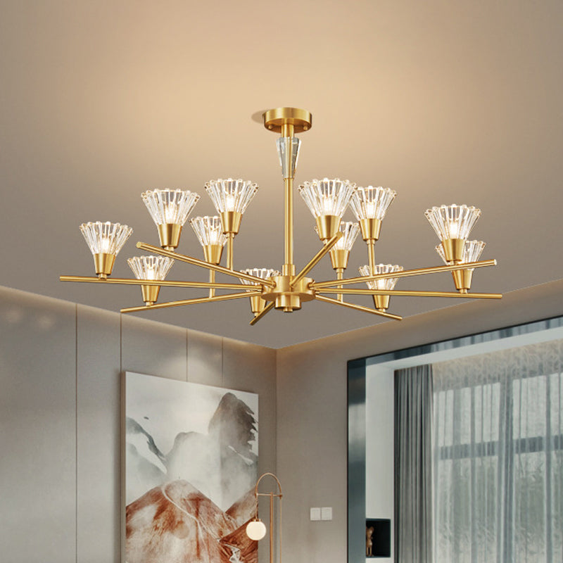 Modern Clear Glass Pendant Chandelier with Brass Flower-Like Design - 6/8/12 Heads for Living Room