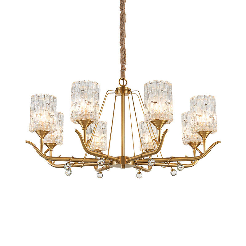 Textured Glass Chandelier - Postmodern Brass Cylinder Ceiling Light With 3/6/8 Lights Perfect For