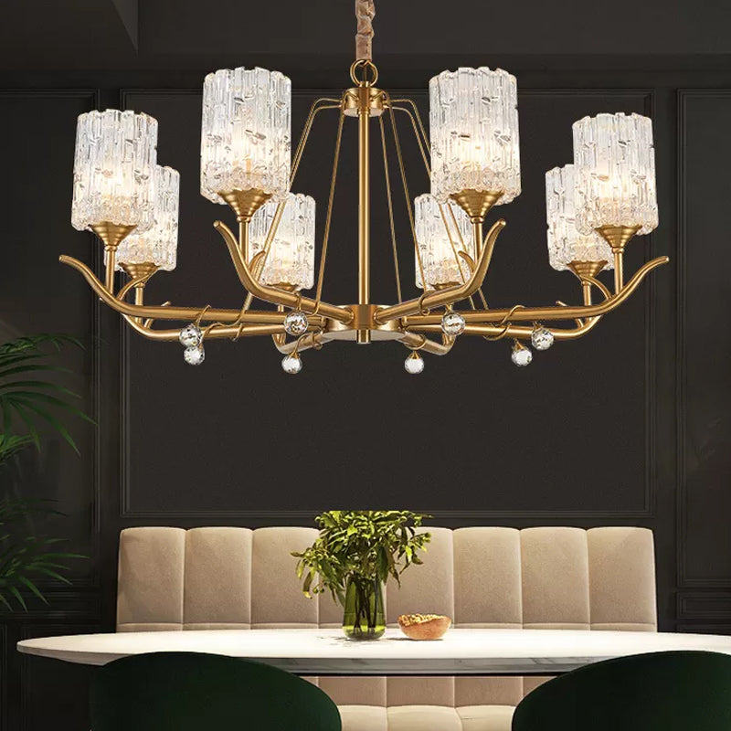 Textured Glass Chandelier - Postmodern Brass Cylinder Ceiling Light With 3/6/8 Lights Perfect For