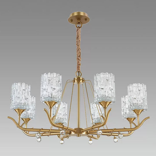 Textured Glass Chandelier - Postmodern Brass Cylinder Ceiling Light With 3/6/8 Lights Perfect For