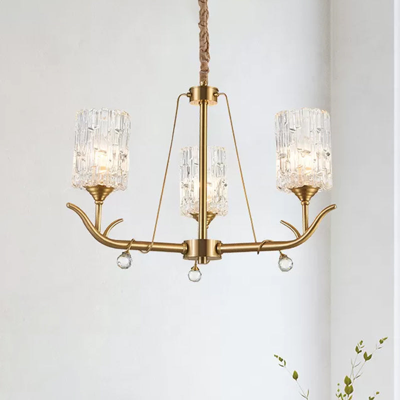 Textured Glass Chandelier - Postmodern Brass Cylinder Ceiling Light With 3/6/8 Lights Perfect For