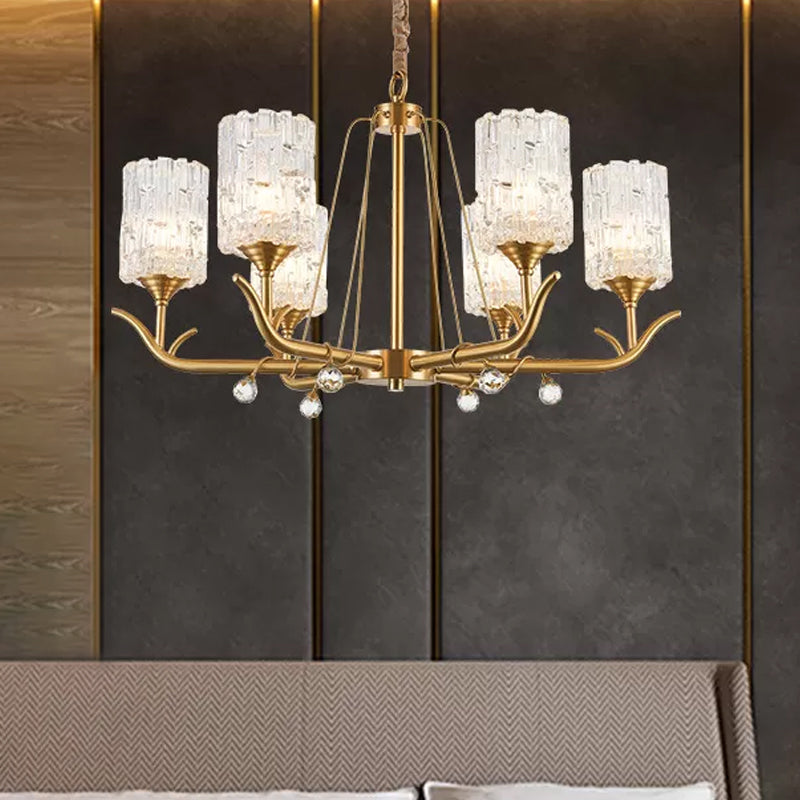 Hand-Blown Textured Glass Chandelier - 3/6/8-Light Postmodern Brass Cylinder Dining Room Ceiling Light