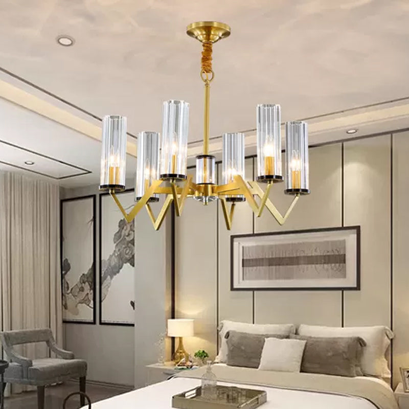 Clear Glass Prism Pendant Light-Post Modern Brass Chandelier for Bedroom