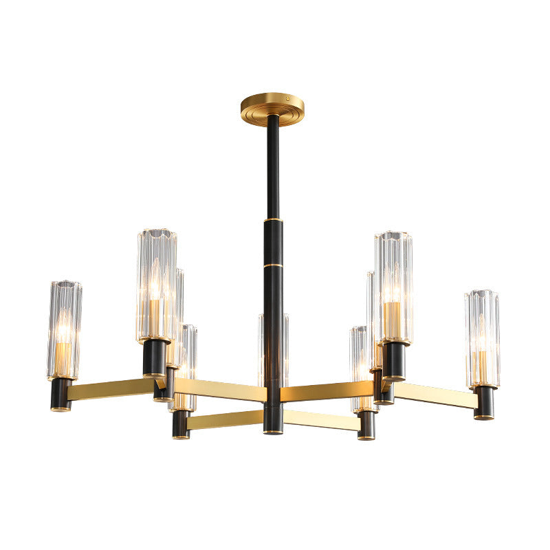 Postmodern Yellow-Black Chandelier Light with Prismatic Glass Tubular Design - 6/8/9 Bulbs - Hanging Ceiling Décor